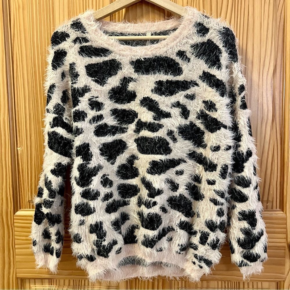 Anthropologie Raga cream black eyelash animal print soft loose crewneck sweater
